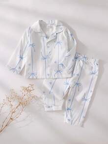 SHEIN 2pcs Baby Girls' Casual Butterfly & Ribbon Print Long Sleeve Top And Pants Homewear Set, Pink Baby Pj Set - Blue and White - View 1