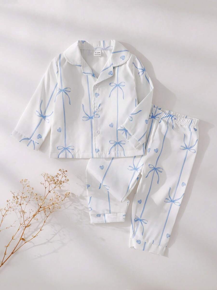 SHEIN 2pcs Baby Girls' Casual Butterfly & Ribbon Print Long Sleeve Top And Pants Homewear Set, Pink Baby Pj Set - Blue and White - View 1