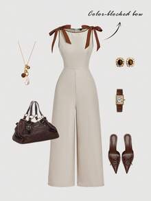 SHEIN MOD 圆领无袖卡其色连体裤，撞色滚边，蝴蝶结装饰，收腰喇叭裙摆设计——复古宫廷风格，散发着老钱气质，适合工作、返校、约会、派对、节日和生日等场合。