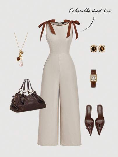 SHEIN MOD 圆领无袖卡其色连体裤，撞色滚边，蝴蝶结装饰，收腰喇叭裙摆设计——复古宫廷风格，散发着老钱气质，适合工作、返校、约会、派对、节日和生日等场合。