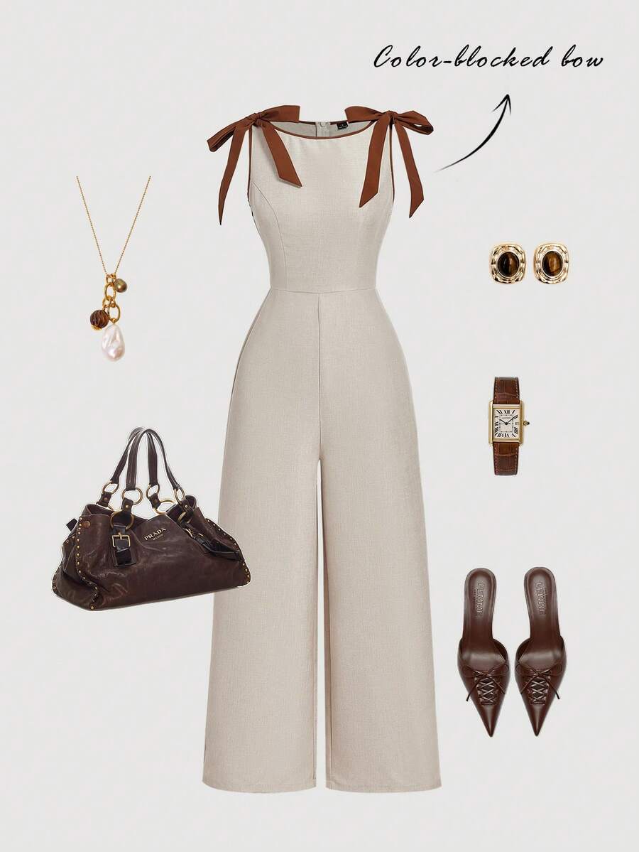 SHEIN MOD 圆领无袖卡其色连体裤，撞色滚边，蝴蝶结装饰，收腰喇叭裙摆设计——复古宫廷风格，散发着老钱气质，适合工作、返校、约会、派对、节日和生日等场合。