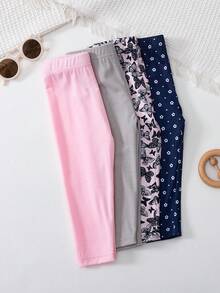 SHEIN Playful Pals 4 Pairs Baby/Baby GirlCasual Floral Print & Solid Color Leggings, Suitable For All Seasons - Multicolor - View 3