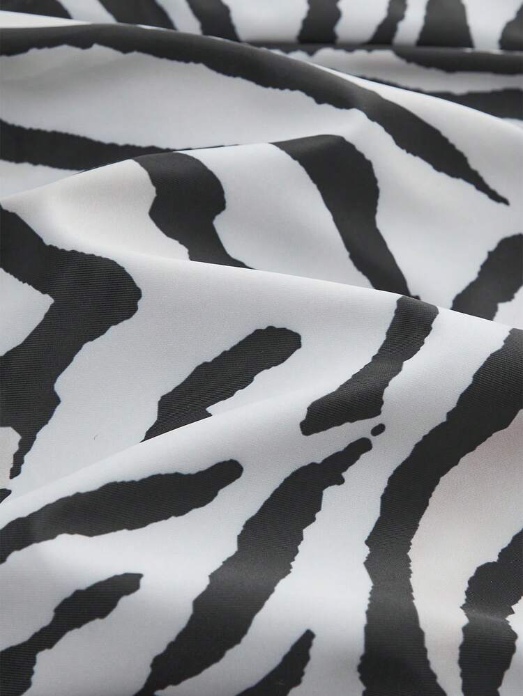 SHEIN Maija Women's Black Textured Zebra Pattern Halter Neck Knitted Fabric One Piece Swimsuit Beachwear