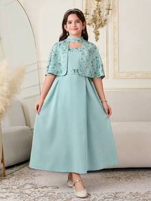 2 pezzi Set Jalabiya per Ramadan - Abito da ragazza con scialle, abito lungo senza maniche con decorazioni in paillettes, abito elegante da cerimonia con cintura in vita, tessuto lucido e strutturato - Menta Verde - Visualizzare 4
