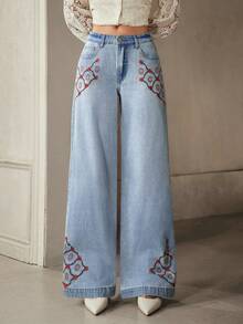Selenza 女士花卉刺绣口袋阔腿宽松休闲百搭牛仔裤 - 藍色 - 查看 1