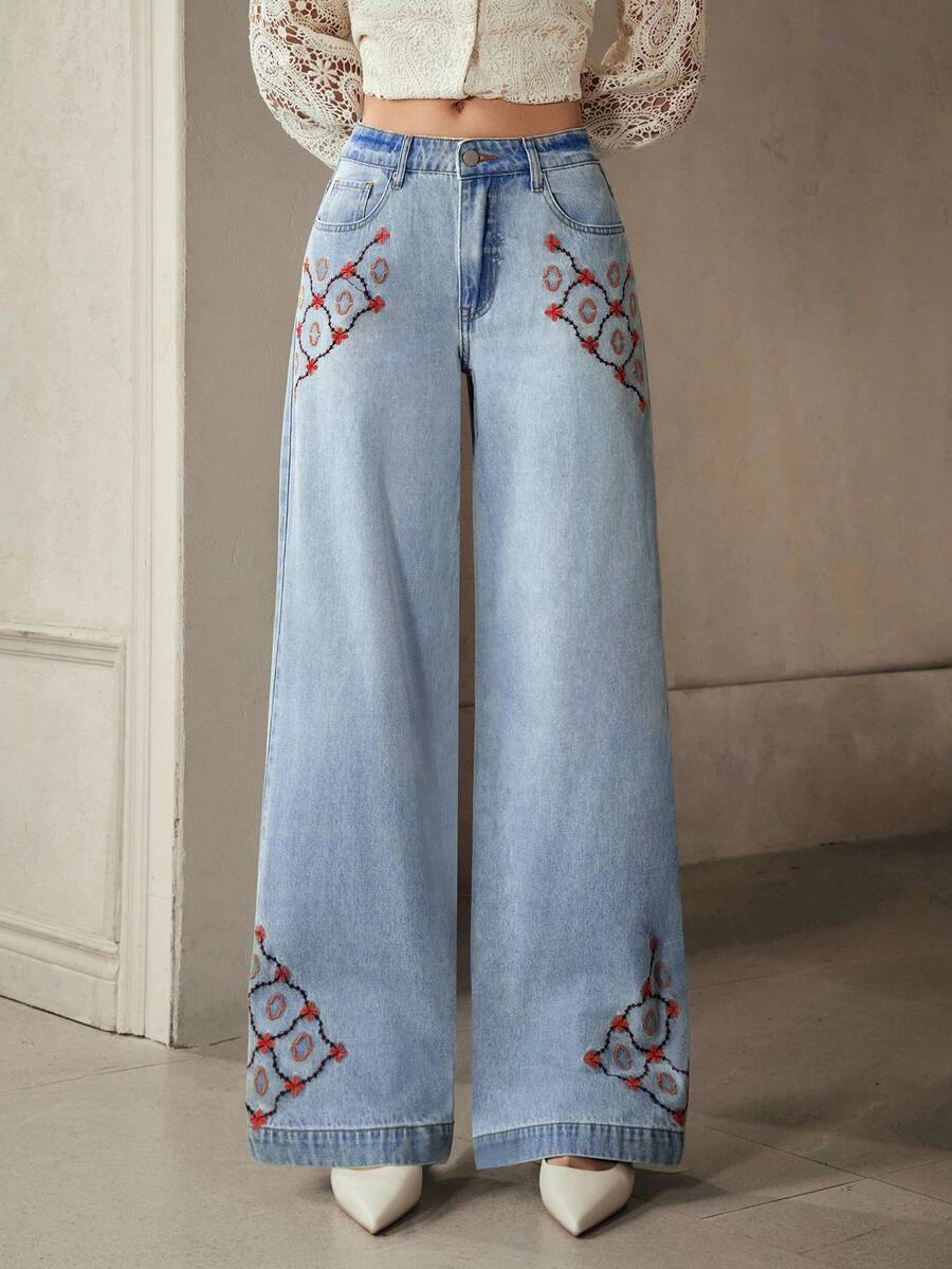 Selenza 女士花卉刺绣口袋阔腿宽松休闲百搭牛仔裤 - 藍色 - 查看 1