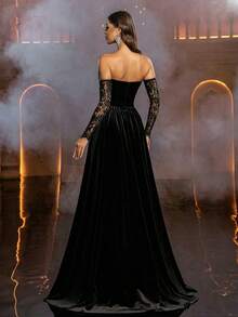 Glamrae Elegant Luxury Textured Off Shoulder Double Collar Ruffle Lace Trim A-Line Women's Party Dress, Evening Dress, Mesh Dress, Valentine's Day - Black - View 3