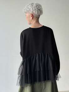 FRIFUL Women's Solid Color Mesh Patchwork Sheer Layered Loose Casual Versatile T-Shirt - Black - View 9