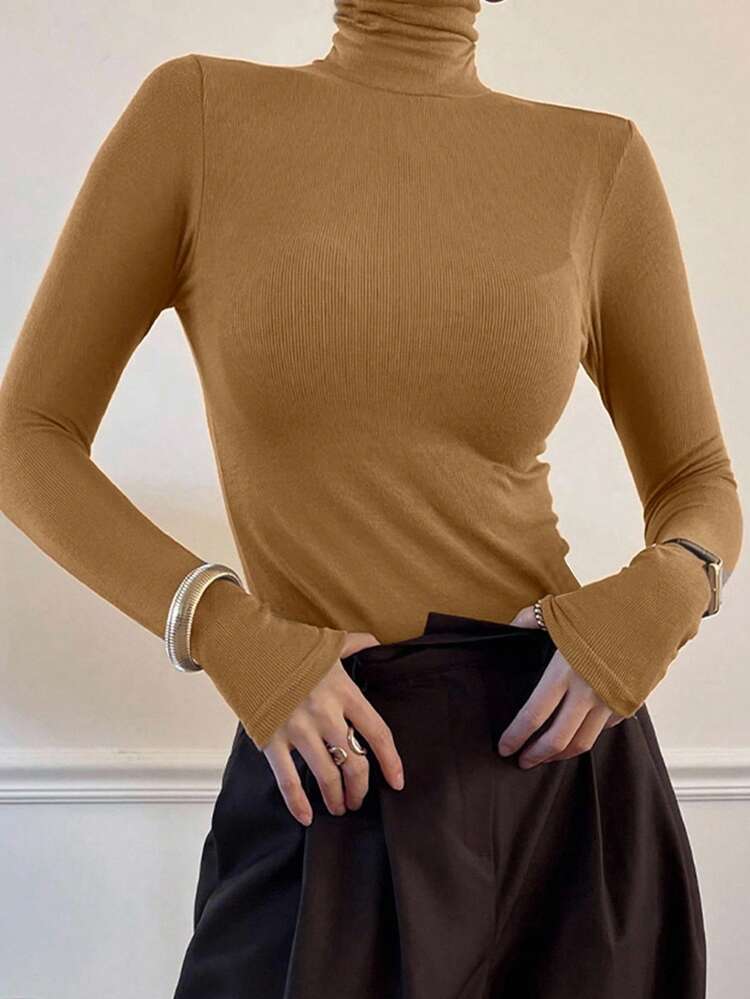 Women's Casual Everyday Commute Simple Solid Color Turtleneck Long Sleeve Fitted T-Shirt, Autumn/Winter