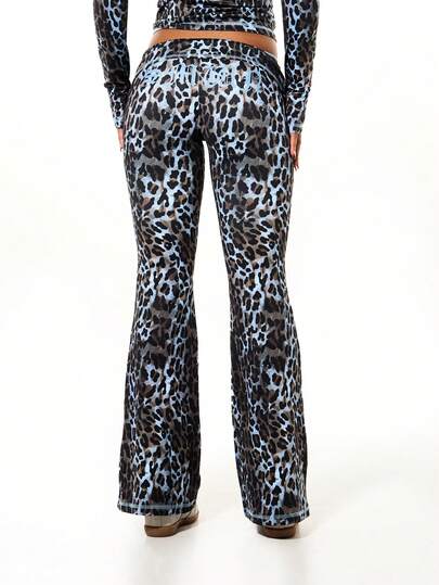 SUMWON WOMEN Leopardmönstrade utsvängda byxor med hög midja och klocka i benslutet för avslappnad loungekomfort till alla hjärtans dag