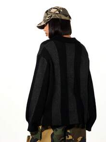 SUMWON WOMEN Oversized Knitted Polo With Dropped Shoulder Japanese Graphics And Gold Button Details - Black - View 2