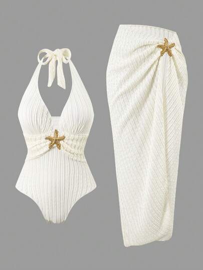 Swim Oasis Women's Luxury Casual Beach Resort White Textured Fabric Decor Halter V-Neck Maxi Skirt Two Pieces Set