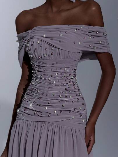 Elitara Elegant Gray-Purple High Stretch Mesh Off Shoulder Waist Slimming Ruched Handmade Beaded Rhinestone A-Line Dress, Suitable For Dates, Vacations, Singles Parties, Weddings, Formal Galas