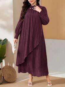 SHEIN CURVE+ 大码优雅纯色灯笼袖连衣裙，适合通勤。 - 酒紅色 - 查看 5