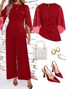 Ellevyn Elegant Chiffon Sleeve Crew Neck Blouse - Red - View 7