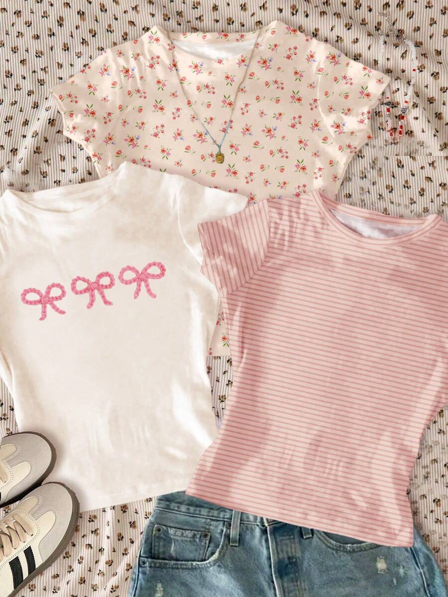 3pcs/Set Tween Girls' Round Neck Short Sleeve T-Shirts, Suitable For Everyday Wear, Casual, Vacation In Spring/Summer - Multicolor - View 1