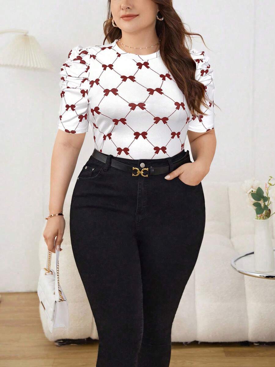 SHEIN Privé 大码夏季休闲蝴蝶结印花泡泡袖T恤 - 紅色 - 查看 1