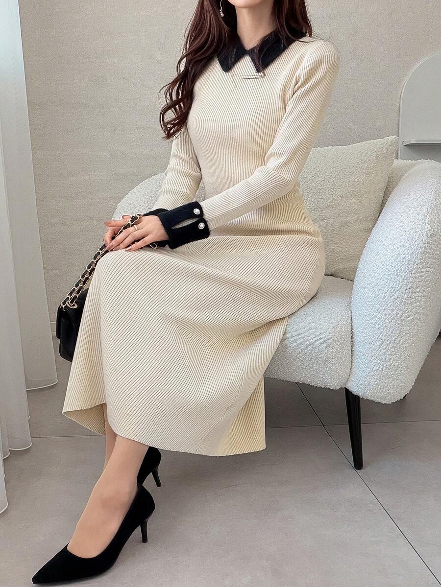 FRIFUL Damska sukienka sweterkowa z długim rękawem i kołnierzykiem w blokach kolorów, zdobiona perłowymi guzikami, dopasowana, wyszczuplająca, jesień/zima - Beżowy - Zobacz 1