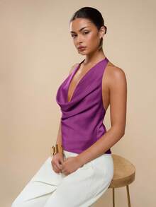 COSMINA Áo hai dây cổ yếm hở lưng màu trơn dành cho nữ, kiểu dáng gợi cảm. - Màu tím - Xem 3