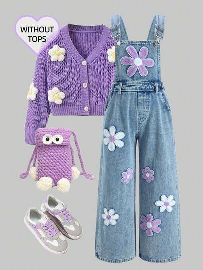 SHEIN ChillGRL Oversized Casual Denim Bib Overall With 3D Floral Design, Suitable For Daily Commute, Leisure, Vacation, Gathering With Friends Autumn Fall
