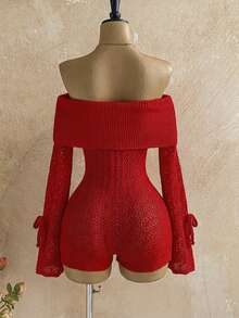 Soleia Women's Vacation Beach Solid Color Off-Shoulder Hollow-Out Knitted Romper  New Year Dress Elegant Dresses For Party Red Dress  Elegant Dresses For Party Red Dress For Women Sweater - Red - View 2