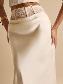 SHEIN BAE Chân váy đuôi cá bằng satin màu mơ phối ren, thanh lịch, thích hợp cho các bữa tiệc, sự kiện cocktail, váy sinh nhật, váy phù dâu, trang phục khách mời đám cưới, mùa xuân/hè. - Màu be - Xem 6