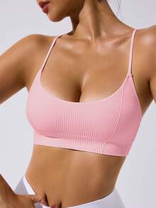 SHEIN Sovereign Charm Women's Solid Color Seamless Fitness Sports Tank Top - Pink - View 8