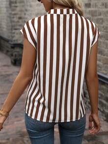 EMERY ROSE Áo sơ mi cổ chữ V kẻ sọc mùa hè, thích hợp mặc đi làm/thường ngày. - màu nâu - Xem 2