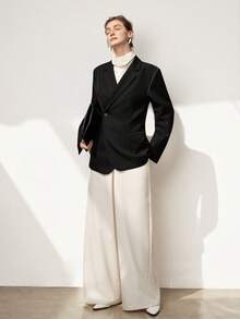 SHEIN Stylify Women's Tweed Composite Fabric Blazer With Lining, Notched Collar, Side Pockets, Padded Shoulders, Contrast Stitching, Long Sleeves With Slit Cuffs, Oversized Relaxed Fit, Black, Sophisticated Elegant French Vintage Style, Suitable For Commute, Business, Vacation, Casual, Party, Christmas, Thanksgiving, Afternoon Tea, New Year, Autumn/Winter