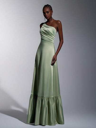 Elitara 优雅、浪漫、时尚、高贵的绿色缎面不对称褶皱装饰A字型正式派对礼服、婚礼宾客礼服、绿色礼服、时尚优雅的伴娘礼服