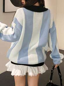 DAZY 女士撞色条纹字母提花套头衫、长袖上衣、秋装 - 藍色 - 查看 5