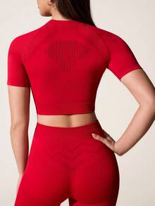 SHEIN Dewbera 无缝瑜伽套装，短袖圆领T恤和高腰瑜伽裤运动套装，舒适无缝运动套装，女士健身服，女士运动服，适合瑜伽、普拉提、跑步 | 季节性健身服装，适合家庭健身和训练，圆领和全长打底紧身裤，增强核心力量和柔韧性 - 紅色 - 查看 3