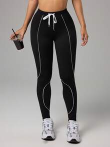 Dewbera Women's Drawstring Waist Casual Fitness Leggings - Black and White - View 7