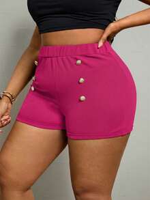 SHEIN PETITE CURVE Plus Size Summer Fashion Button Decor Elastic Waist Shorts - Hot Pink - View 5