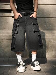 Manfinity EMRG Men's Pocketed Button Casual Cargo Cropped Wide Leg Jeans, Versatile For Commuting And Outings - Black - View 5