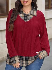 SHEIN LUNE Plus Size Women's Ribbed Knit Plaid Patchwork 2 In 1 Top - Red - View 2