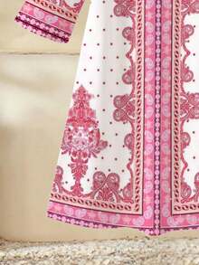 女童复古佩斯利印花撞色长袖连衣裙，轻盈、优雅、休闲，春夏款 - 彩色 - 查看 6