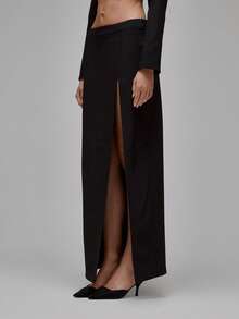 MUSERA 梭织低腰超开衩直筒修身长裙套装（仅下装）适合派对、性感夜生活、优雅场合、情人节、新娘婚礼、订婚、婚宴、夏季 - 黑色 - 查看 3