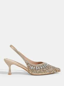 CUCCOO TILAWA Tacones de satén con punta abierta y strass plateados para bodas para mujeres para Navidad - Dorado - Ver 2