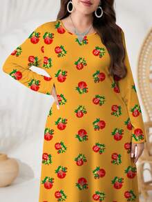 Al Najma 大码女式黄色碎花优雅V领长袖针织连衣裙，适合约会、度假、日常穿着、休闲、派对、节日等场合，大码秋季女士长裙，飘逸连衣裙，碎花长裙/复古连衣裙，碎花连衣裙，黄色连衣裙，拼接碎花连衣裙，连衣裙，大码连衣裙 - 黃色 - 查看 3