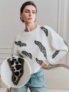 Anewsta Women's Modern Street Style Energetic Leopard Print Beaded Crew Neck Pullover Sweatshirt, Spring - Apricot - View 8