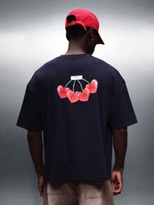 SUMWON 男士宽松版型T恤，心形樱桃印花，短袖圆领，休闲纯棉材质，适合春夏日常穿着，情人节特惠。 - 藏蓝色 - 查看 5