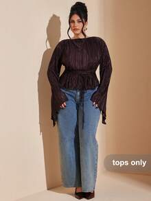 SHEIN BAE Spring/Summer Long-Sleeved Pleated Shirt Set For Dates And Outings - Plus Size - Brown - View 3