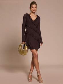 SHEIN BAE Robe d'automne simple pour femmes avec nœud, volants à l'ourlet - Marron - Voir 3