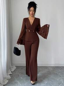 Elenzga Bộ vest công sở thanh lịch, lãng mạn, tối giản dành cho nữ, gồm áo blazer tay dài xếp ly, viền bèo nhún, cài hai hàng khuy bất đối xứng và quần ống đứng. - Cà phê nâu - Xem 5