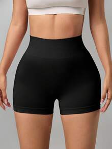 Easithlete Pantalones cortos de mujer de unicolor, cintura alta, casuales y de fitness - Negro - Ver 5