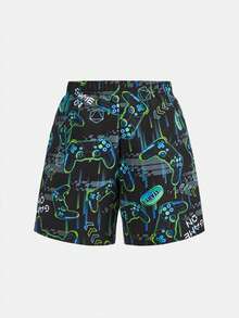 SHEIN 青少年男童休闲百搭舒适电子游戏夜光印花宽松拼接紧身内衬宽松沙滩短裤 - 藍色 - 查看 6