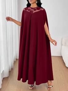 SHEIN Lady 女式拼接圆形亮片网眼蝙蝠袖宽松时尚连衣裙 - 酒紅色 - 查看 7