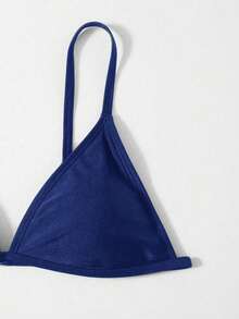 Swim Basics 2026 New Women's Swimwear Arrival Women's Solid Color Sexy Bikini Swimsuit Set, Summer Beach Navy Blue Bikini Set Solid Color Bikini Set Plain Bikini V Cut Bikini Thin Strap Bikini Thong Bikini String Bikini Thong Bikini Bottom - Navy Blue - View 5