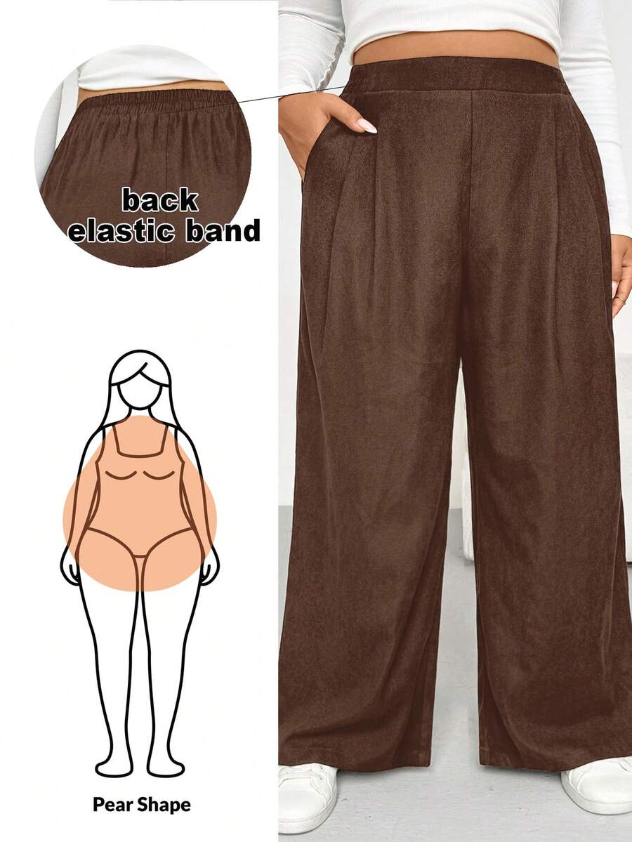 SHEIN Essnce Pantaloni largi pentru femei, mărime plus, toamnă/iarnă, la modă, casual, lejer, confortabili, de zi cu zi, de bază, versatili, subțiri, din material periat, cu talie elastică, cu picior larg, toamnă, pantaloni de damă, stil simplu - Maro - Vizualizare 1